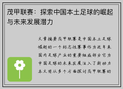 茂甲联赛：探索中国本土足球的崛起与未来发展潜力