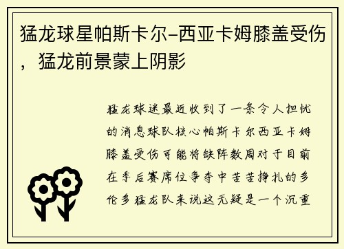 猛龙球星帕斯卡尔-西亚卡姆膝盖受伤，猛龙前景蒙上阴影