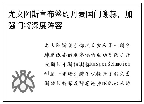 尤文图斯宣布签约丹麦国门谢赫，加强门将深度阵容
