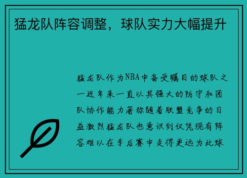 猛龙队阵容调整，球队实力大幅提升