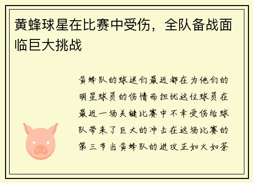 黄蜂球星在比赛中受伤，全队备战面临巨大挑战